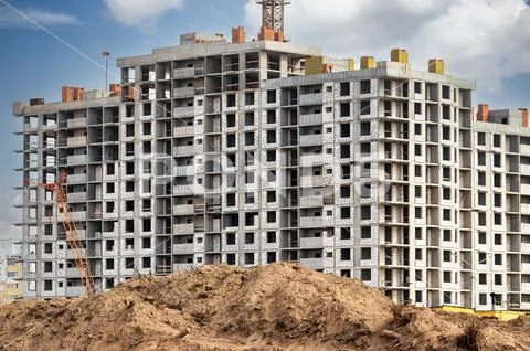 Monolithic frame construction of the building. Solid walls of concrete ...