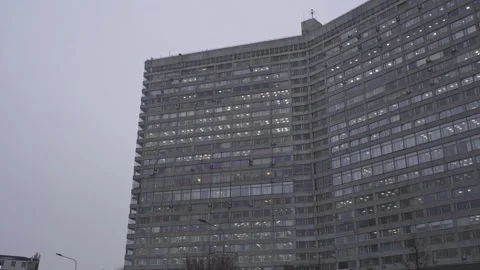 Monolithic Soviet-Era Office Building on an Overcast Day Stock Footage 313698331
