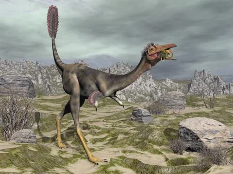 Mononykus dinosaur in the desert - 3D render Stock Illustration