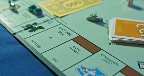 Monopoly board game. Player moves car to Income Tax and pays $200 Stock Footage 122406776