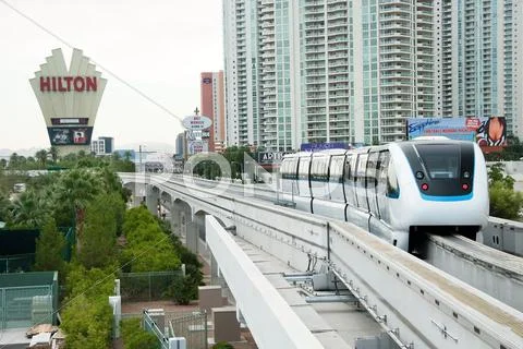 Monorail arriving to the station on the las vegas strip Stock Photos