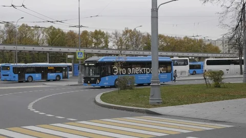 Monorail train and electric bus near VDNKh  in Moscow, Russia. Stock Footage 120943311