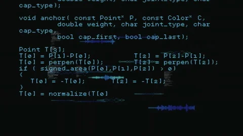 Monospaced cyan-blue code text animating on dark terminal, showing glitch Stock Footage 308602882