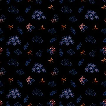 Monotone seamless pattern,blue flowers with dragonfly on dark background,desi Stock Illustration