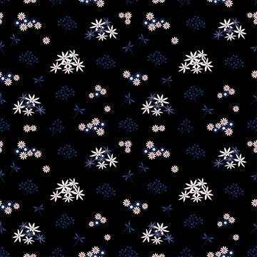 Monotone seamless pattern,white and blue flowers with dragonfly on dark backg Illustrazione stock