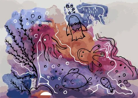 Monotype illustration of sea creatures based on a bright multi-colored spot Stock Illustration