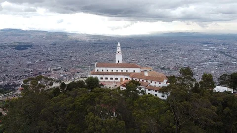 Monserrate temple on mountain fly over Stock Footage