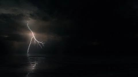 Monsoon Cyclone Storm Clouds with Lightnings above Dark Night Tropical Ocean イラスト素材