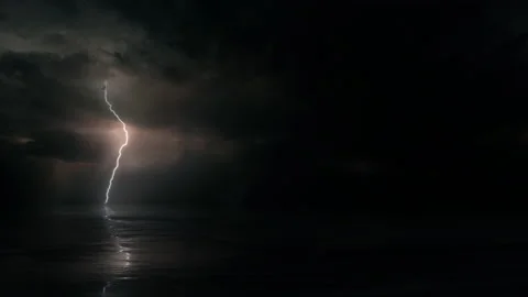 Monsoon Cyclone Storm Clouds Multiple Lightnings over Dark Night Tropical Ocean Stock Footage 145094313