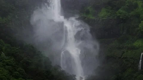 Monsoon huge Dramatic waterfall Drone shot 4K60 스톡 동영상 332893184