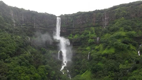 Monsoon huge Dramatic waterfall Drone shot 4K60 스톡 동영상 332893189