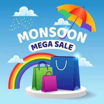 Monsoon Mega Sale Banner Vector with Shopping Bags, Rainbow, and Umbrella Stock-Illustration