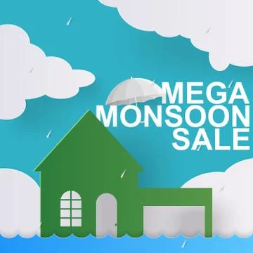 Monsoon sale offer for discount promotion banner with in paper art style Stock Illustration