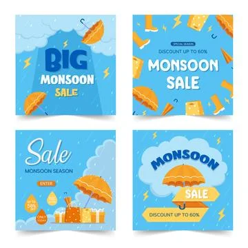 Monsoon sale, Set of 4 vector brouchure, Discount, Offers. monsoon season Stock Illustration