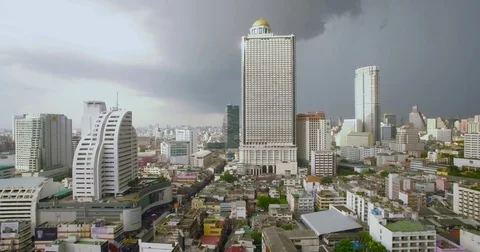 Monsoon Storm Clouds Over Bangkok Skyline, Aerial Drone Slider Shot Stock Footage 75920003
