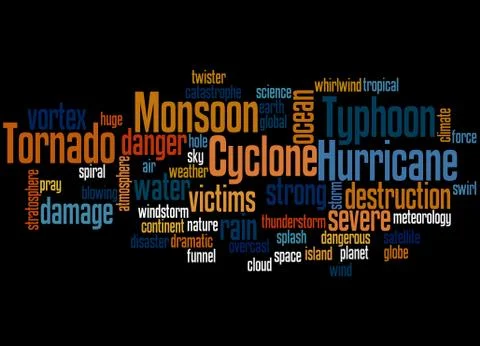 Monsoon, Tornado, Typhoon, Hurricane, Cyclone, word cloud concept イラスト素材