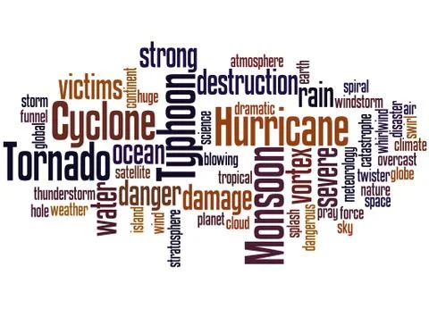 Monsoon, Tornado, Typhoon, Hurricane, Cyclone, word cloud concept イラスト素材