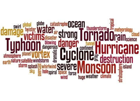 Monsoon, Tornado, Typhoon, Hurricane, Cyclone, word cloud concept イラスト素材