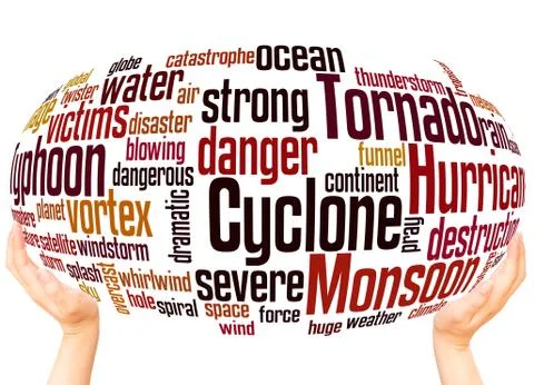 Monsoon Tornado Typhoon Hurricane Cyclone word cloud hand sphere concept イラスト素材