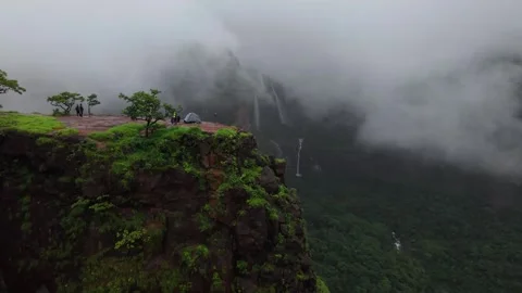 Monsoon Waterfall Drone shot wide 4K60 스톡 동영상 332893142
