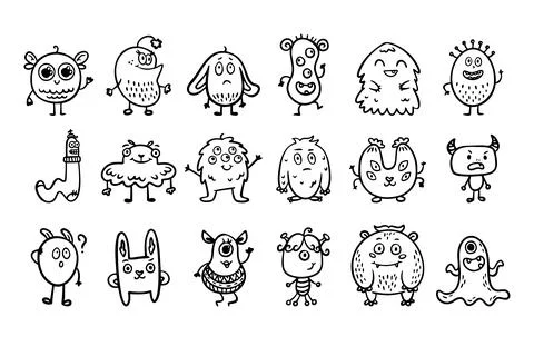Monster alien doodle set, funny and cutes monster, hand drawn cartoon line Stock Illustration