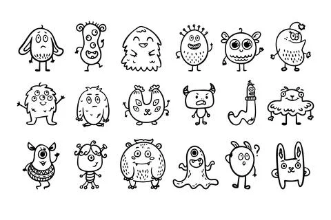 Monster alien doodle set, funny and cutes monster, hand drawn cartoon line Stock Illustration