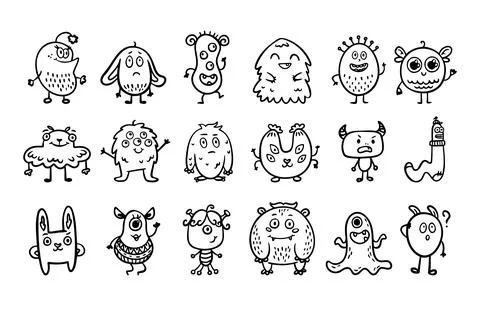 Monster alien doodle set, funny and cutes monster, hand drawn cartoon line Stock Illustration