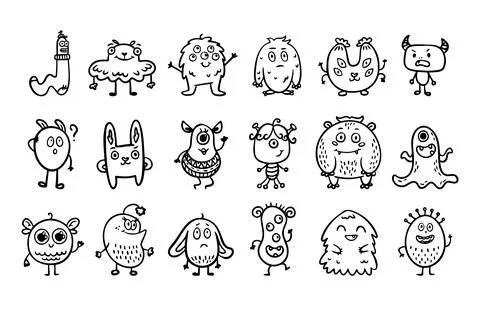 Monster alien doodle set, funny and cutes monster, hand drawn cartoon line Stock Illustration