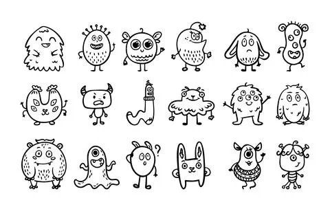 Monster alien doodle set, funny and cutes monster, hand drawn cartoon line Stock Illustration