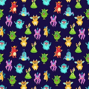 Monster alien seamless pattern. Cute creepy characters, childish demons Stock Illustration