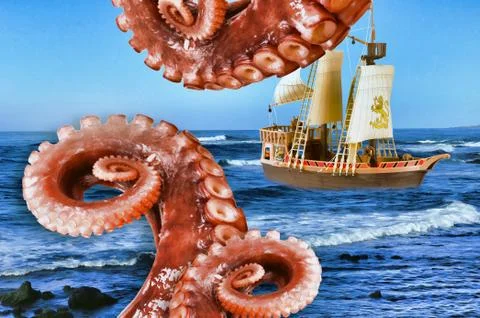 Monster Attack on Ship. Illustrazione stock