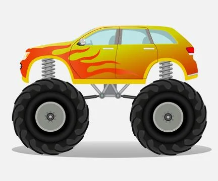 Monster car with flame sticker on the side. Truck vehicle. Stock Illustration