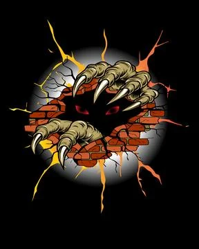 Monster Claws Breaking Through Brick Wall With Red Eyes,Horror Illustration Stock Illustration