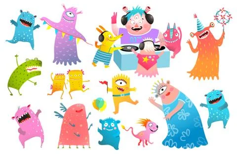 Monster DJ, Dancing Creatures Disco Party clipart Stock Illustration