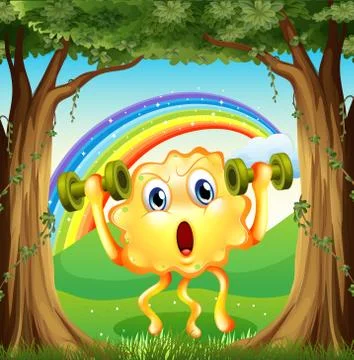 A monster exercising at the forest with a rainbow in the sky Stock Illustration