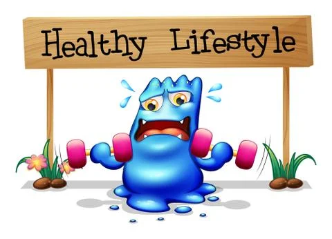 A monster exercising in front of a signboard Stock Illustration
