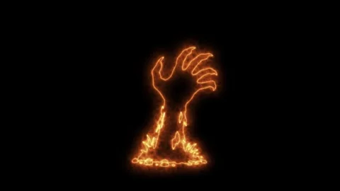 Monster hand animated neon fire rising from the grave 4k black background Stock Footage 346569521