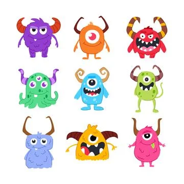 Monster with horns set cartoon vector illustration Illustrazione stock