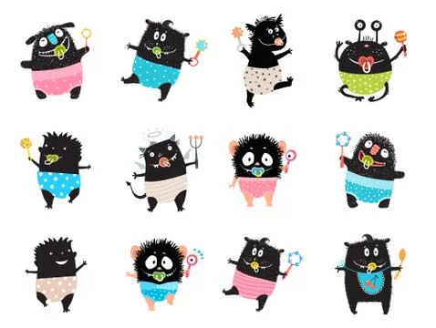 Monster Kid Character Bundle Doodle Black Monsters Stock Illustration