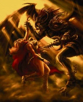 Monster knight with a sword defeats the Amazon Stock Illustration