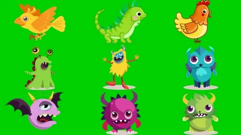 Monster mix on green screen featuring bird lizard chicken alien cyclops blue Stock Footage 334704333