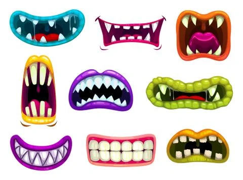 Monster mouths with sharp teeth and tongues set Illustrazione stock