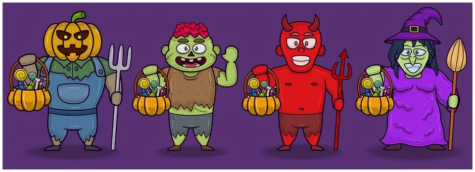 Monster Pumpkin, Zombie, Red Devil and Witch. Halloween Set Mascot Characters Stock Illustration