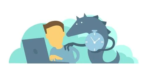 Monster reminds the worker of deadline. Time to take the project. Man does not Stock Illustration