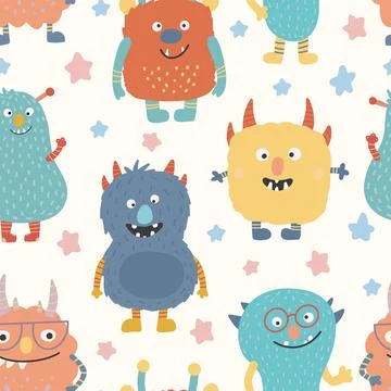 Monster seamless pattern. Cute cartoon characters in simple hand-drawn Illustrazione stock