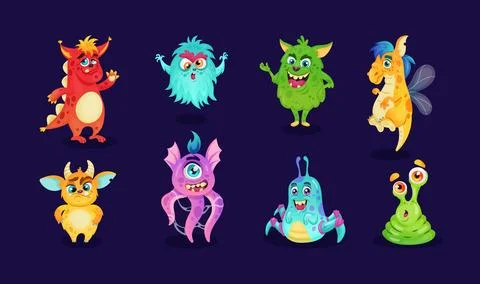 Monster set. Cute alien. Kid character cartoon style animals, mascot logo. Funny Stock Illustration