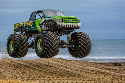 Monster truck airborne on beach taken at Bournemouth, Dorset, UK on 31 May 2015 Stock Photos