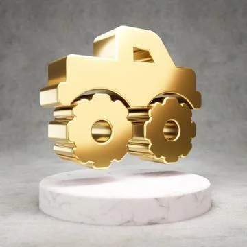Monster Truck icon. Shiny golden Monster Truck symbol on white marble podium. Stock Illustration