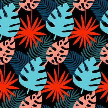 Monstera and palm seamless pattern, tropical leaf rich color, vector Illustrazione stock