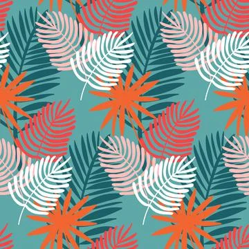 Monstera and palm seamless pattern, tropical leaf trendy, vector Stock Illustration